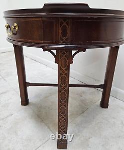 Baker Furniture Mahogany Accent End Drum Table One Drawer Chinese Chippendale