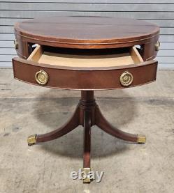Baker Furniture Mahogany Round Drum Top Occasional Table Single Drawer Casters