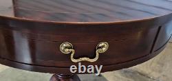 Baker Furniture Mahogany Round Drum Top Occasional Table Two Drawer Casters