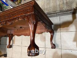 Banded Mahogany Carve Chippendale Style Ball Claw Feet Coffee Table