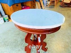 Beautiful Antique Solid Mahogany Oval Marble Top Carved Side Table L@@K