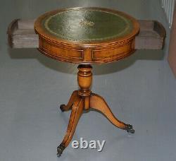 Bevan Funnell Burr Yew Regency Green Leather Drum Side Lamp Wine Table Drawer