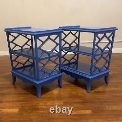 Blue Chippendale Vintage Mid Century Nightstands Side Tables Hollywood Regency