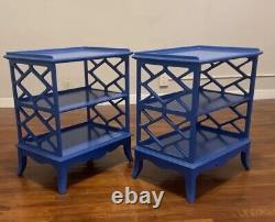 Blue Chippendale Vintage Mid Century Nightstands Side Tables Hollywood Regency