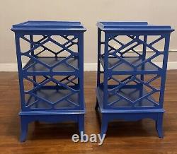 Blue Chippendale Vintage Mid Century Nightstands Side Tables Hollywood Regency