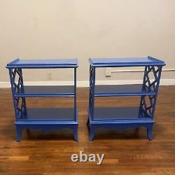 Blue Chippendale Vintage Mid Century Nightstands Side Tables Hollywood Regency