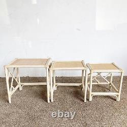 Boho Chic Bamboo Rattan Chippendale Style Nesting Tables Set of 3
