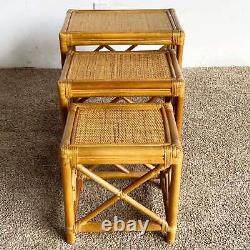 Boho Chic Chippendale Bamboo Rattan and Wicker Nesting Tables Set of 3