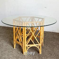 Boho Chic Chippendale Style Bamboo Rattan Glass Top Dining Table