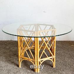 Boho Chic Chippendale Style Bamboo Rattan Glass Top Dining Table