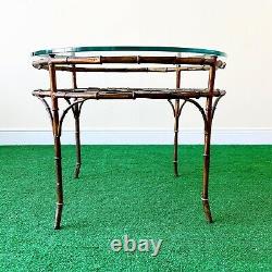 Bronze Faux Bamboo Vintage Palm Beach Regency Round Chippendale Coffee Table