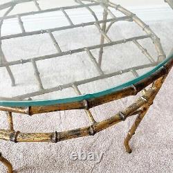 Bronze Faux Bamboo Vintage Palm Beach Regency Round Chippendale Coffee Table