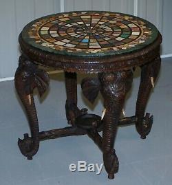 Burmese Hand Carved Elephant Occasional Table Pietra Dura Specimen Marble Top