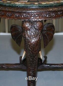 Burmese Hand Carved Elephant Occasional Table Pietra Dura Specimen Marble Top