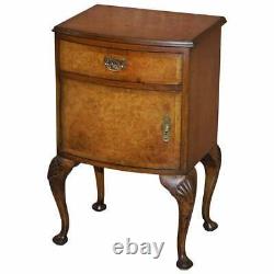 Burr Walnut Queen Anne Bedside Table Cabinet Elegant Carved Cabriolet Legs