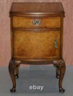 Burr Walnut Queen Anne Bedside Table Cabinet Elegant Carved Cabriolet Legs