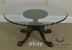 Carved Mahogany Ball & Claw Chippendale Style Glass Top Coffee Table