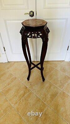 Chinese Chippendale Carved Wood Tall Stand Table Marble Top