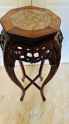 Chinese Chippendale Carved Wood Tall Stand Table Marble Top