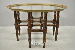 Chinese Chippendale Faux Bamboo Campaign Scalloped Edge Brass Tray Coffee Table