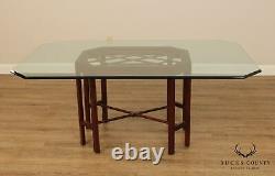Chinese Chippendale Style Carved Mahogany Base Glass Top Dining Table