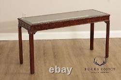 Chinese Chippendale Style Glass Top Mahogany Console Table