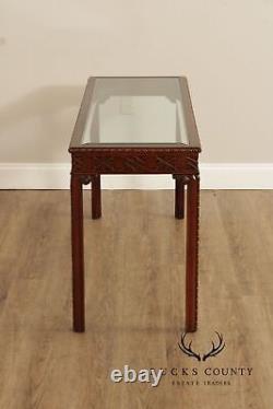 Chinese Chippendale Style Glass Top Mahogany Console Table