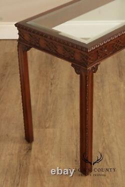 Chinese Chippendale Style Glass Top Mahogany Console Table