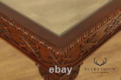 Chinese Chippendale Style Glass Top Mahogany Console Table