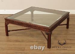 Chinese Chippendale Style Square Glass Top Coffee Table