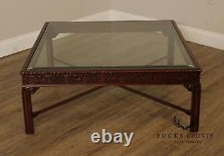 Chinese Chippendale Style Square Glass Top Coffee Table