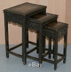 Chinese Export Circa 1900 Nest Of Three Tables Heavily Carved All Over Ebonised