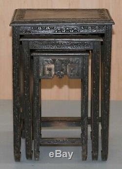 Chinese Export Circa 1900 Nest Of Three Tables Heavily Carved All Over Ebonised