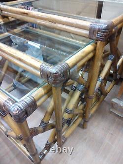 Chippendale Bamboo Rattan Nesting Tables Set of 3 Glass Top