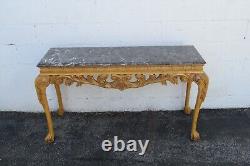 Chippendale Carved Marble Top Distressed Painted Console Entry Table 5333