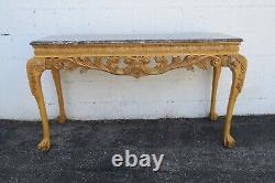 Chippendale Carved Marble Top Distressed Painted Console Entry Table 5333