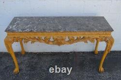 Chippendale Carved Marble Top Distressed Painted Console Entry Table 5333