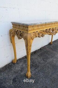 Chippendale Carved Marble Top Distressed Painted Console Entry Table 5333