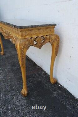 Chippendale Carved Marble Top Distressed Painted Console Entry Table 5333