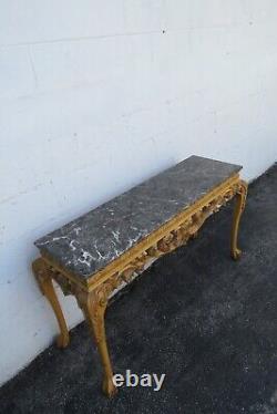 Chippendale Carved Marble Top Distressed Painted Console Entry Table 5333