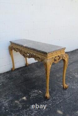 Chippendale Carved Marble Top Distressed Painted Console Entry Table 5333