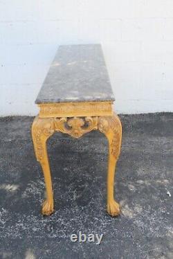 Chippendale Carved Marble Top Distressed Painted Console Entry Table 5333