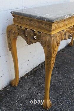 Chippendale Carved Marble Top Distressed Painted Console Entry Table 5333