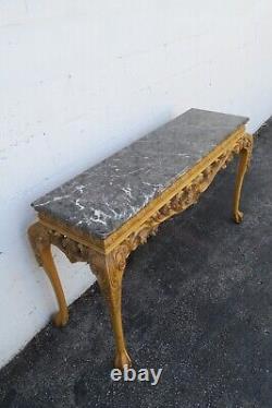 Chippendale Carved Marble Top Distressed Painted Console Entry Table 5333