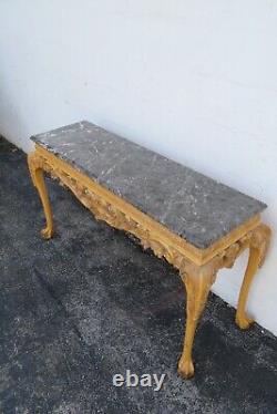 Chippendale Carved Marble Top Distressed Painted Console Entry Table 5333