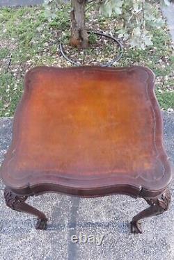 Chippendale Leather Top Mahogany Ball and Claw Feet Side Table 3448