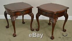 Chippendale Style Cherry Pair Ball & Claw One Drawer Side Tables by Century
