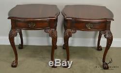 Chippendale Style Cherry Pair Ball & Claw One Drawer Side Tables by Century
