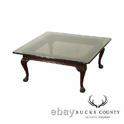 Chippendale Style Solid Mahogany Ball & Claw Coffee Table, Square Glass Top