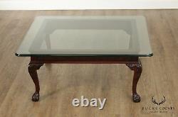 Chippendale Style Solid Mahogany Ball & Claw Coffee Table, Square Glass Top